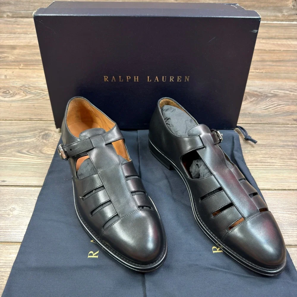 Ralph Lauren Purple Label Mens Size 10 Fisherman Sandals Black Leather Italy NEW